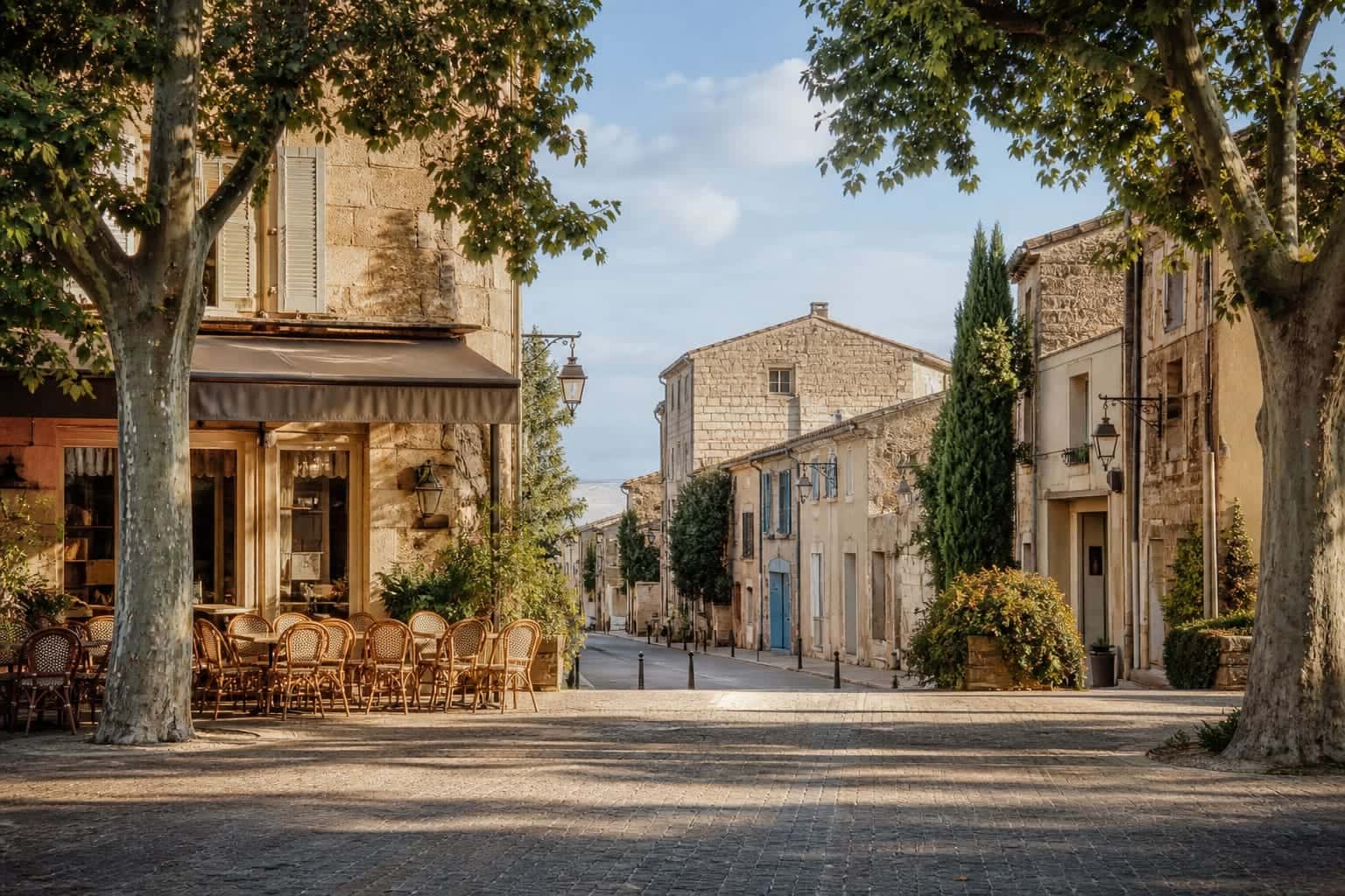 Ruelle de village en pierre, volets bleus et terrasse.